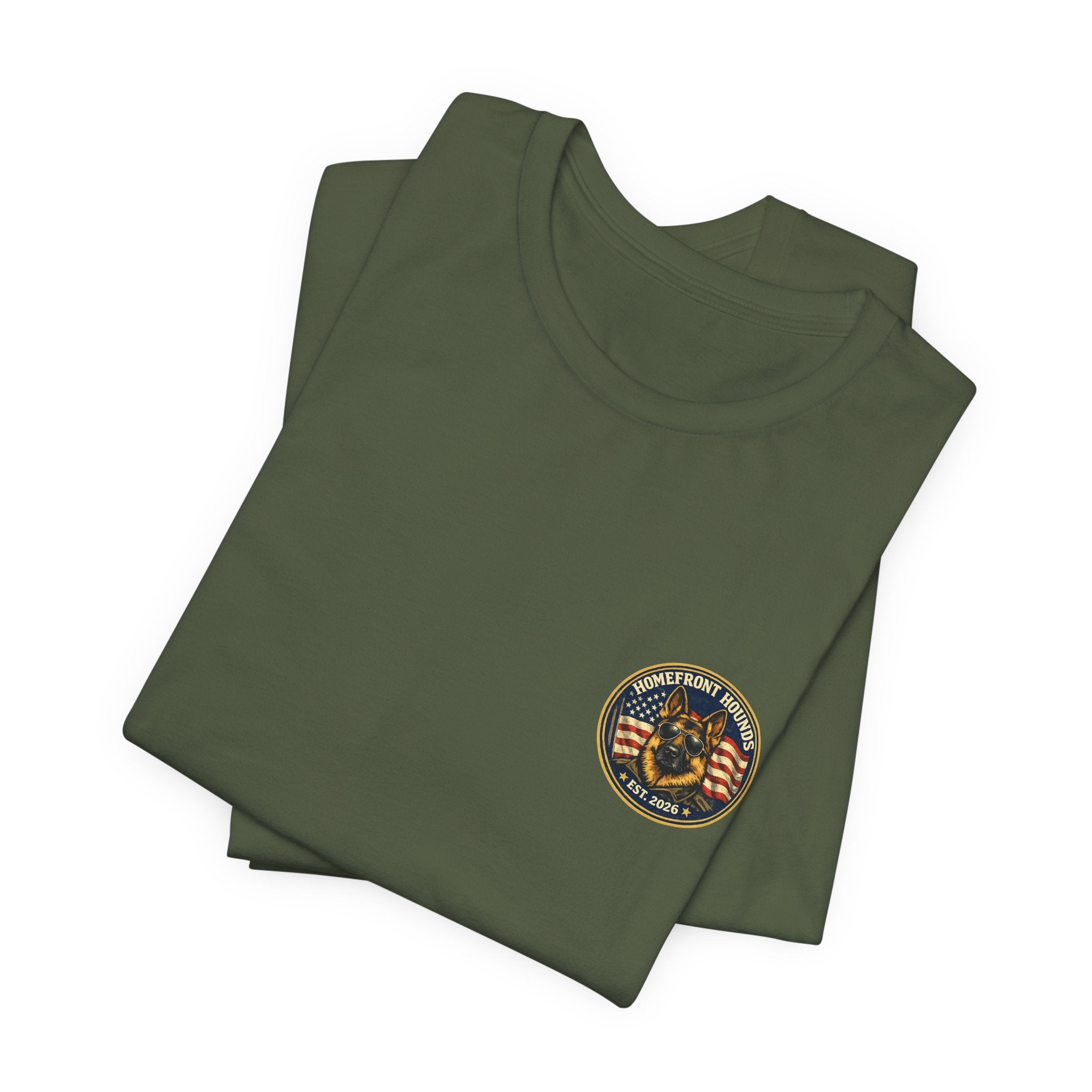 Homefront Hounds German Shepherd Aviator Badge Tee | Military Green Veteran Dog Shirt
