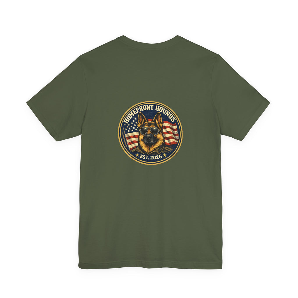 Homefront Hounds German Shepherd Aviator Badge Tee | Military Green Veteran Dog Shirt