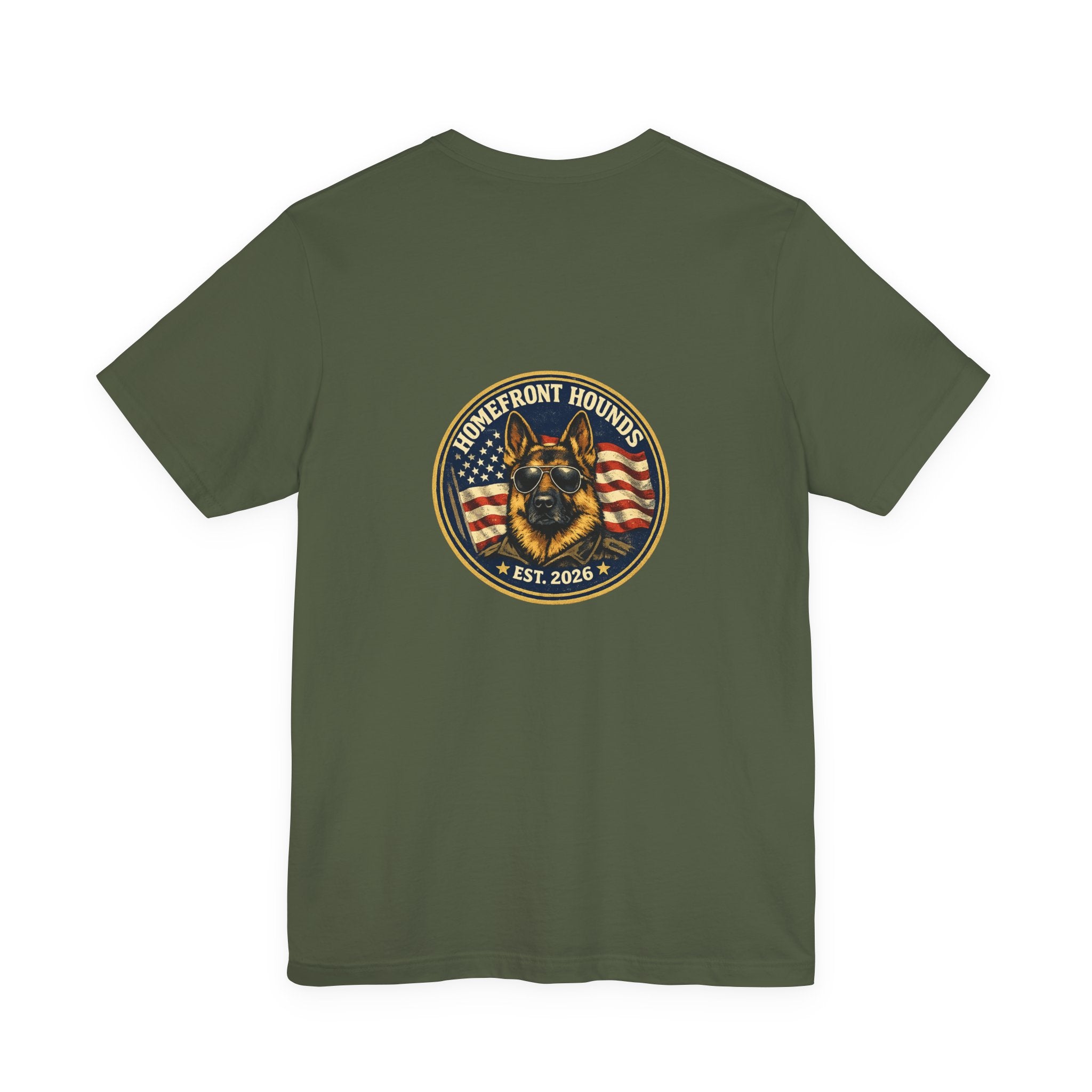 Homefront Hounds German Shepherd Aviator Badge Tee | Military Green Veteran Dog Shirt