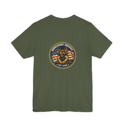 Homefront Hounds German Shepherd Aviator Badge Tee | Military Green Veteran Dog Shirt