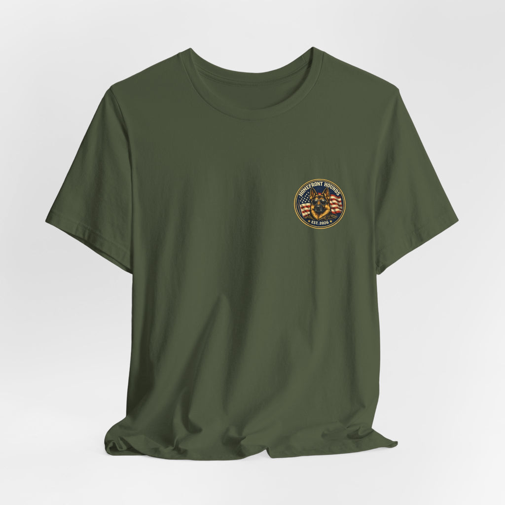 Homefront Hounds German Shepherd Aviator Badge Tee | Military Green Veteran Dog Shirt