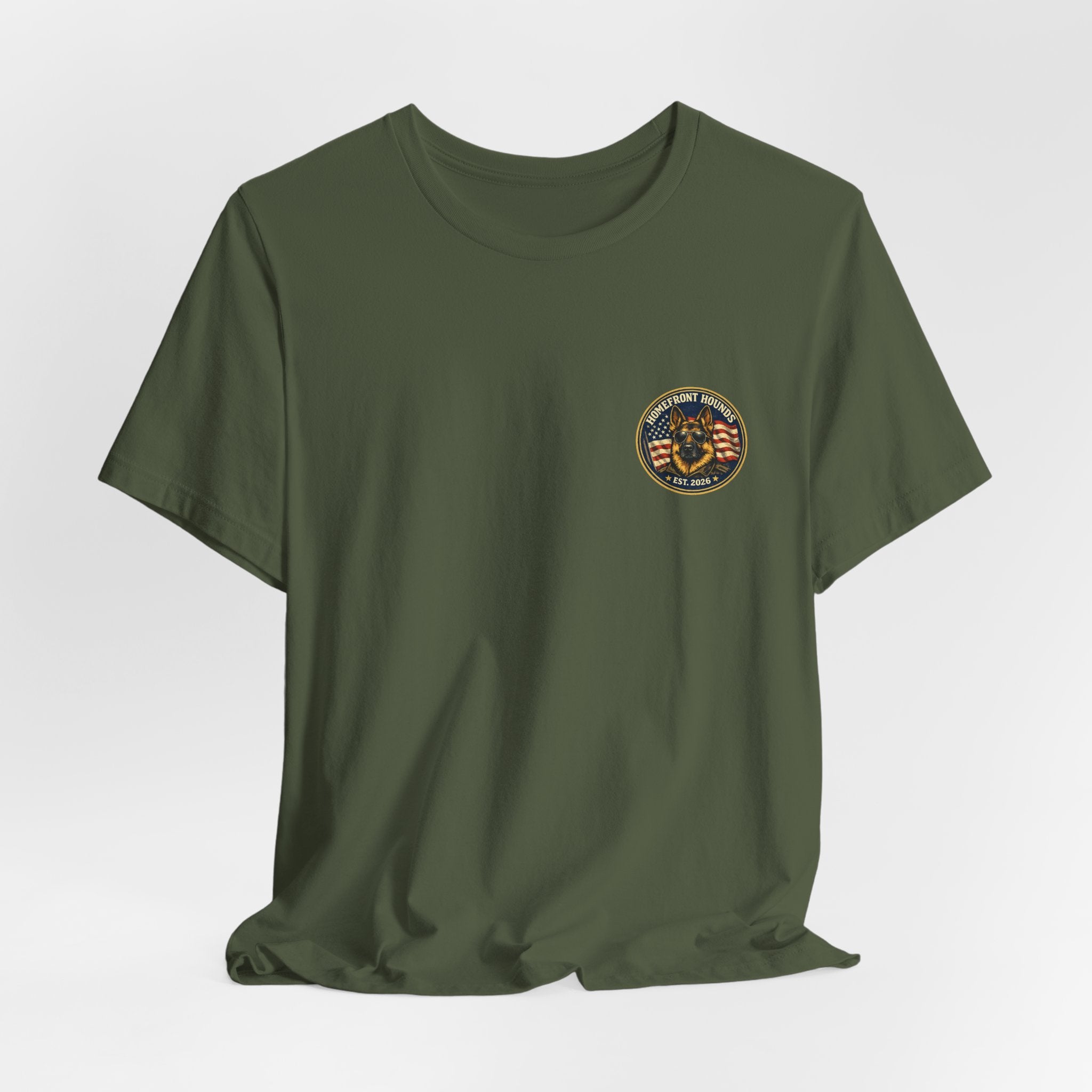 Homefront Hounds German Shepherd Aviator Badge Tee | Military Green Veteran Dog Shirt